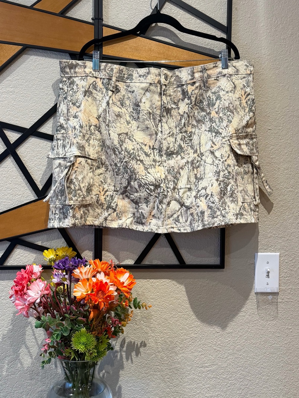 Neutral Marble-Print Cargo Mini Skirt